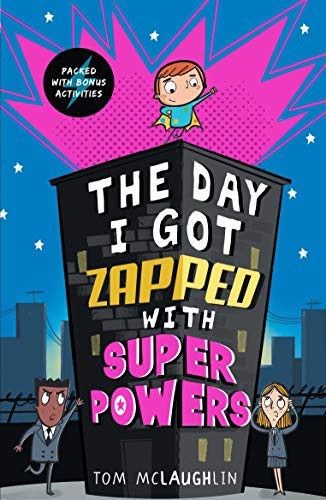 Book cover: boy with superpowers atop a building, city skyline below.