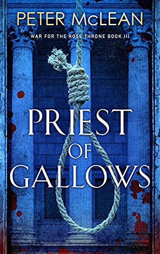Book cover featuring a hanging noose against a blue stone pillar background with bloodstains.