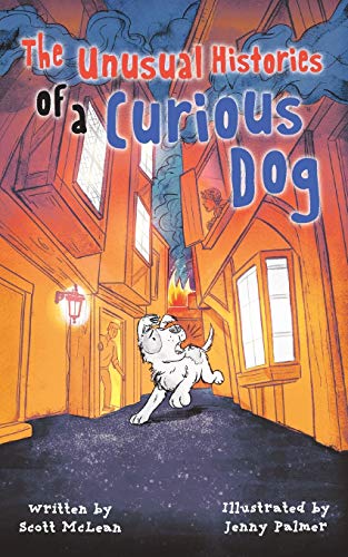 Book cover: a white dog runs down a street with burning buildings.