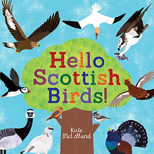 Book cover featuring various colorful illustrations of Scottish birds surrounding a central tree.