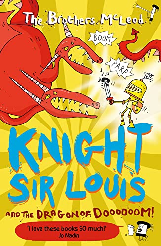 Cartoon of a small knight facing a large, red, comical dragon.