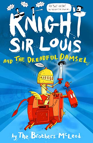 Cartoon knight on a red dragon, book cover for “Knight Sir Louis.”