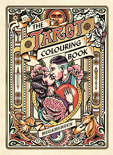 Tarot colouring book cover with ornate design, couple, and zodiac symbols.