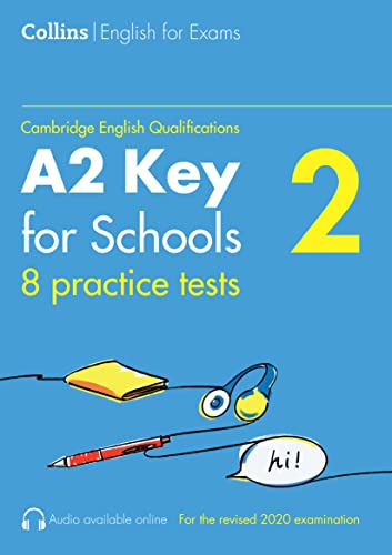 Blue cover of “A2 Key for Schools” practice test book, volume 2.