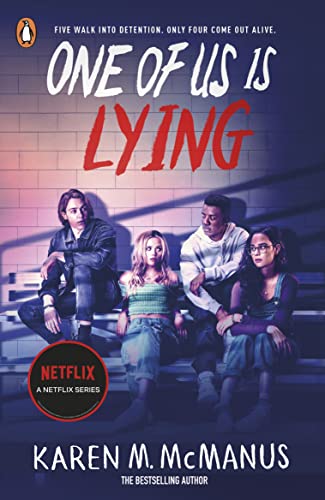 Book cover featuring four young adults seated on bleachers, titled "One Of Us Is Lying.