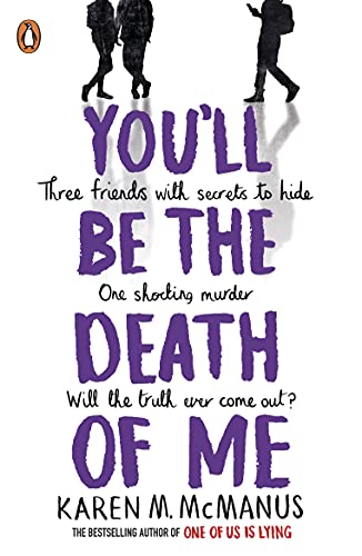 Book cover: purple title, silhouettes of figures, and author Karen M. McManus.