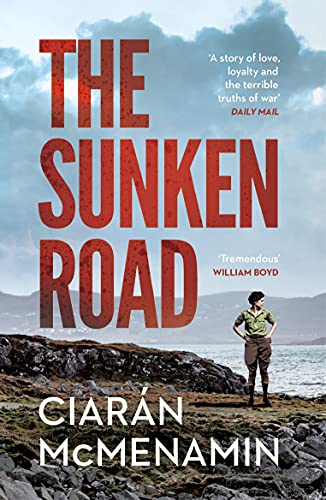 Book cover: "The Sunken Road" with a lone figure on a rocky coast.