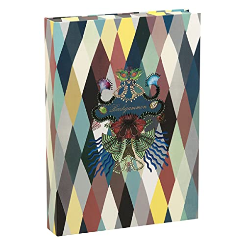 Backgammon game box with colorful geometric pattern and peacock design.