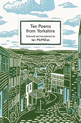 Book cover featuring a green and blue linocut illustration of a Yorkshire town street.