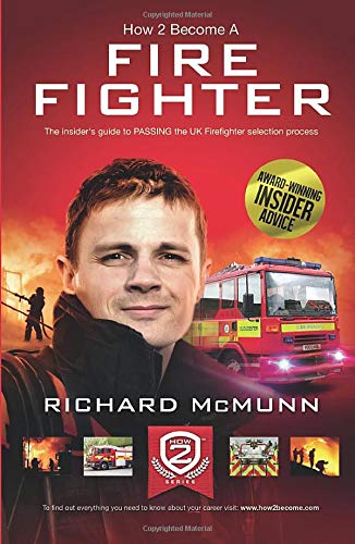 Book cover: "How To Become A Firefighter" with firefighter and fire truck imagery.