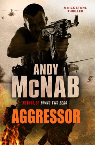 Book cover: man with gun, helicopters, and fiery background.