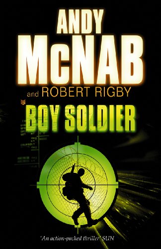 Book cover for “Boy Soldier” with a silhouetted figure in a crosshair.