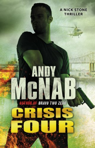 Book cover: man with gun, burning city, helicopter, and title "Crisis Four".