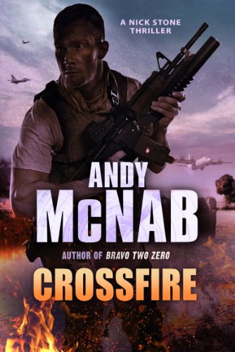 Book cover: Man with gun, fiery background, title “Crossfire” by Andy McNab.