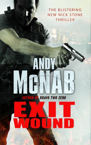 Book cover: man with gun, city skyline, bold red title "EXIT WOUND".