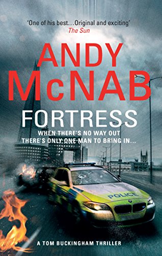 Book cover: "Fortress" thriller with a police car and burning wreckage.