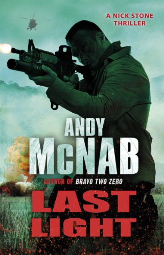 Book cover: Man with rifle, explosions, and text "Last Light" by Andy McNab.