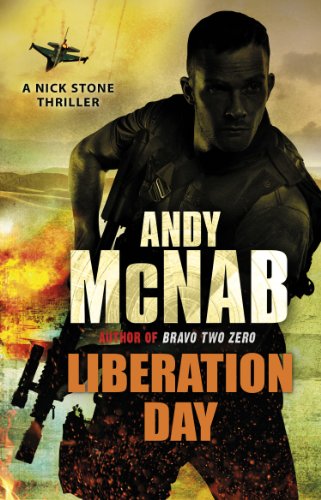Book cover: man with gun, explosions, and a fighter jet overhead.
