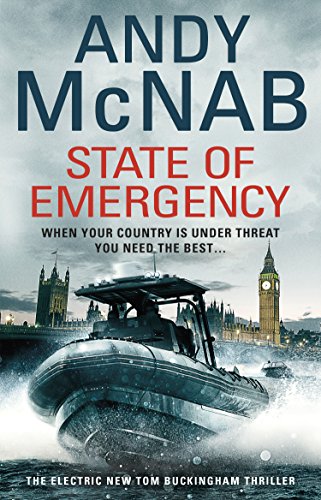 Book cover: "State of Emergency" with speedboat, London skyline, and text.