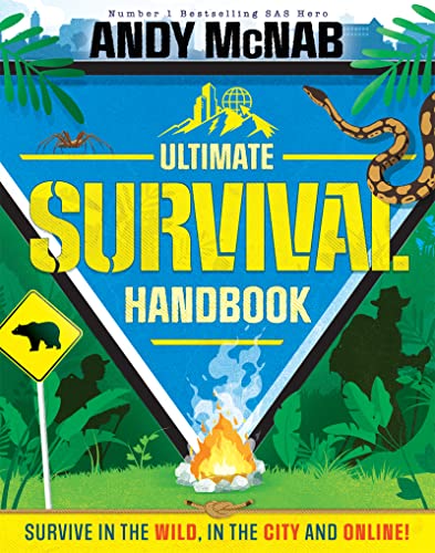 Book cover with survival imagery: snake, bear, fire, and mountains.