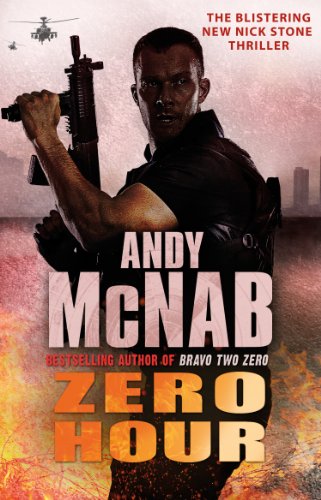 Book cover: Man with gun, fiery background, title “Zero Hour.”
