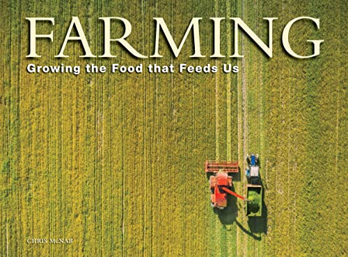 Book cover: "Farming" with aerial view of a field and harvest machinery.
