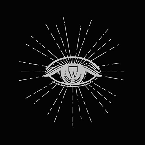Black background with white eye illustration and radiating lines, featuring stylized letter in pupil.