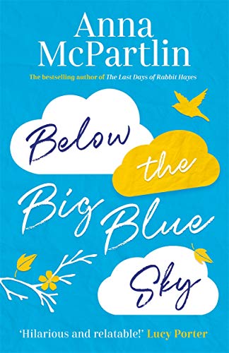 Book cover with title "Below the Big Blue Sky" and illustrated clouds.