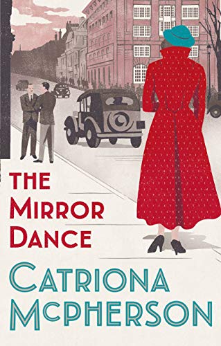 Book cover: woman in red coat, city street, vintage car, titled "The Mirror Dance".