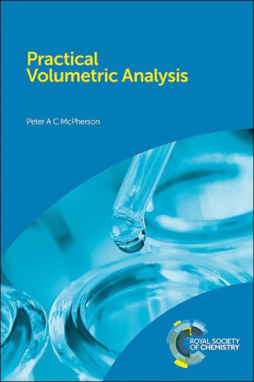 Book cover: “Practical Volumetric Analysis” with a droplet and glassware.