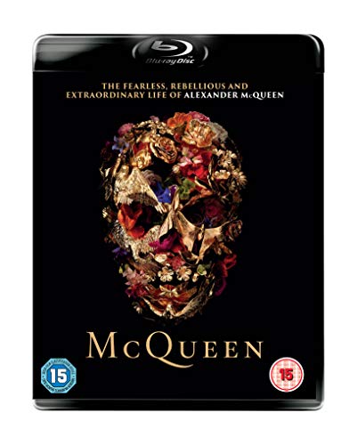“McQueen” Blu-ray cover featuring a skull composed of flowers and fashion elements.