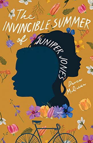 Book cover with silhouettes of two faces, flowers, and a bicycle.
