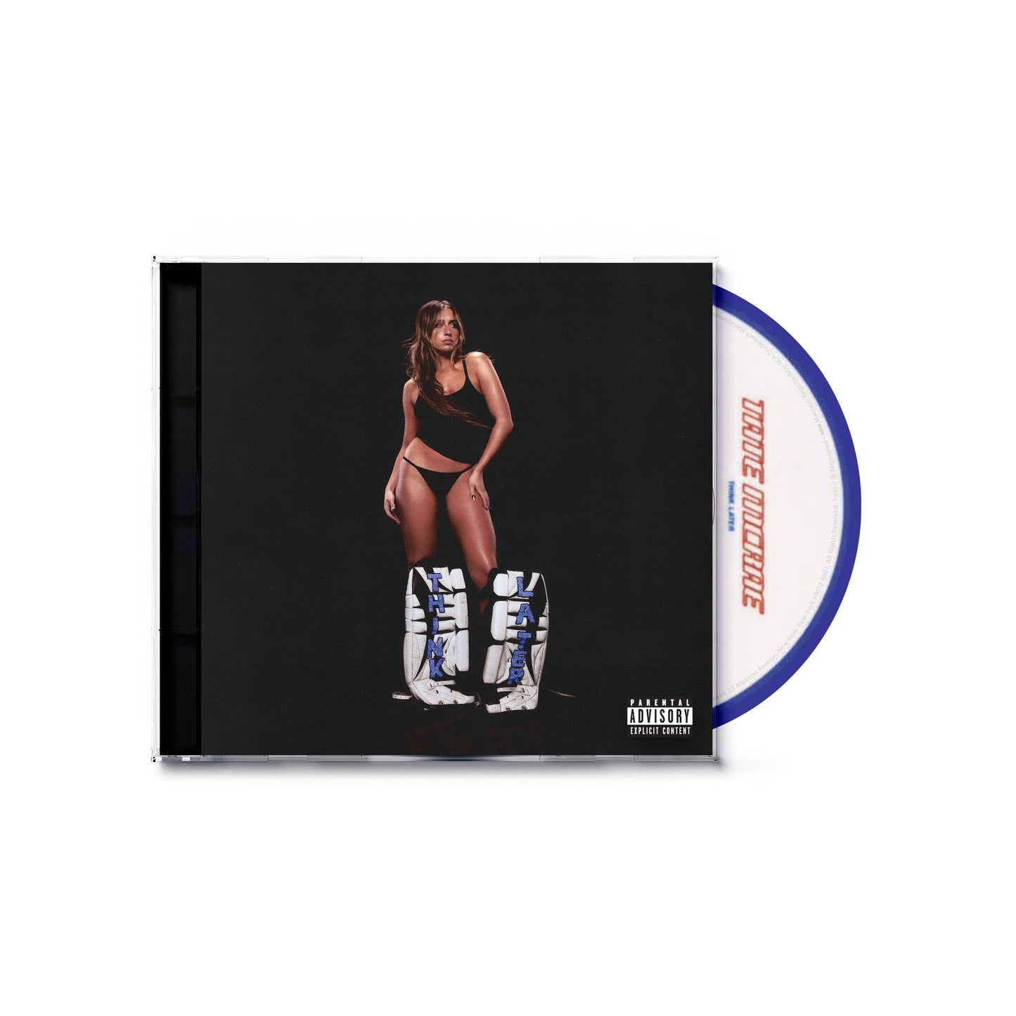 CD case for Tate Mcrae’s “Think Later” album, featuring a portrait of the artist.