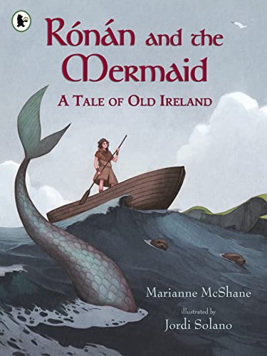 Book cover: boy in boat with a large mermaid tail rising from waves.