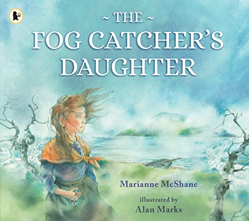 Book cover: a young girl stands near water with misty, barren trees.