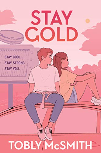 Book cover: “Stay Gold” with illustrated young couple and pink background.