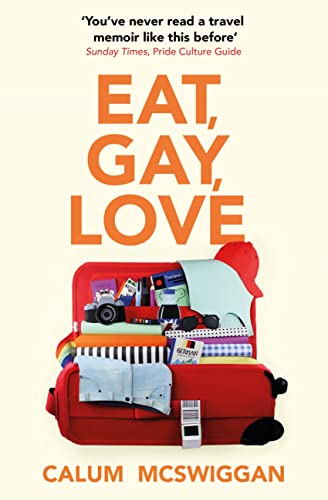 Book cover: "Eat, Gay, Love" with a red suitcase overflowing with items.