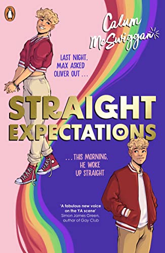 Book cover with illustrated young men and a rainbow arc.