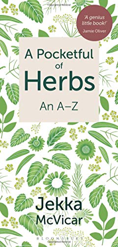 Book cover titled A Pocketful of Herbs: An A-Z with green botanical illustrations.