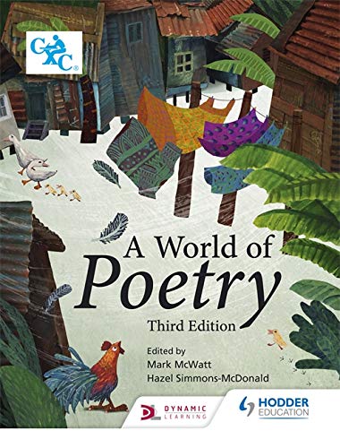 Book cover: "A World of Poetry," third edition, with colorful illustrations.