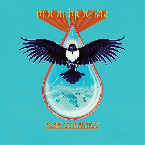 Album cover: a blue teardrop with a raven and desert landscape.