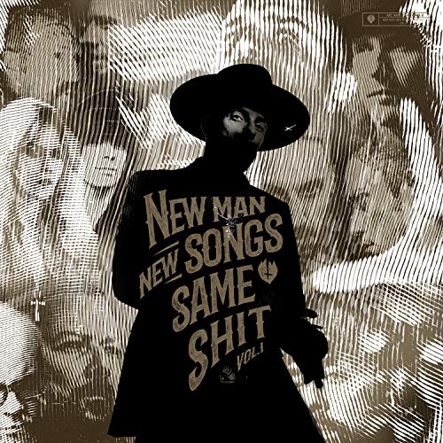 A man in a hat stands before a collage of faces in brown tones.
