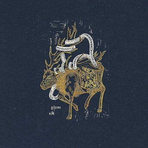 Detailed illustration of an elk with ornate gold patterns on dark background.