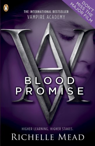 The image depicts the cover of "Blood Promise" by Richelle Mead. Alt text: Purple book cover with silver "VA" and a woman's face partially visible.