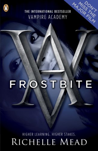 "Book cover of 'Frostbite' by Richelle Mead, featuring a woman's face behind 'VA' letters."