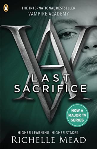 Book cover for "Vampire Academy: Last Sacrifice" with a large metallic "V" and face.