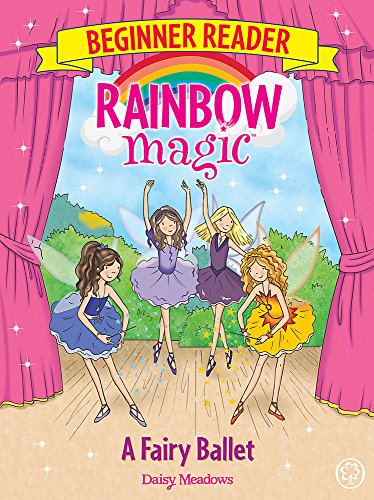 Four fairies in colorful tutus dance on a stage framed by pink curtains.