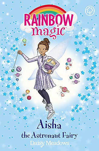 A fairy in an astronaut suit floats surrounded by small planets and blue stars.