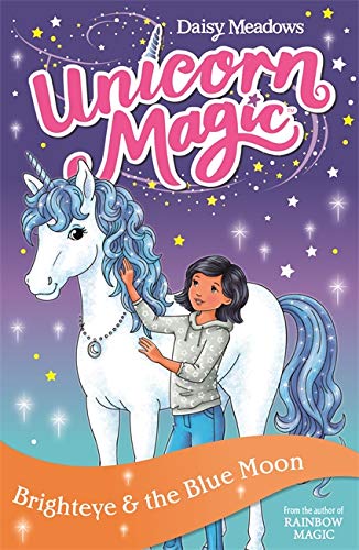 Book cover: girl brushing a white unicorn with a blue mane.
