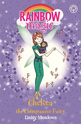 Book cover: fairy with chimpanzee, rainbow arc, and sparkling purple background.